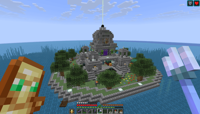 あたり一面を海に囲まれた、現在のメイン拠点。ネザーポータルを建物のデザインに組み込んでいるところがお気に入りポイント