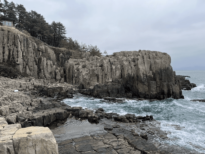波打ち際。東尋坊の特徴である柱状の割れ目「柱状節理」は、溶岩やマグマが冷え固まることで形成される